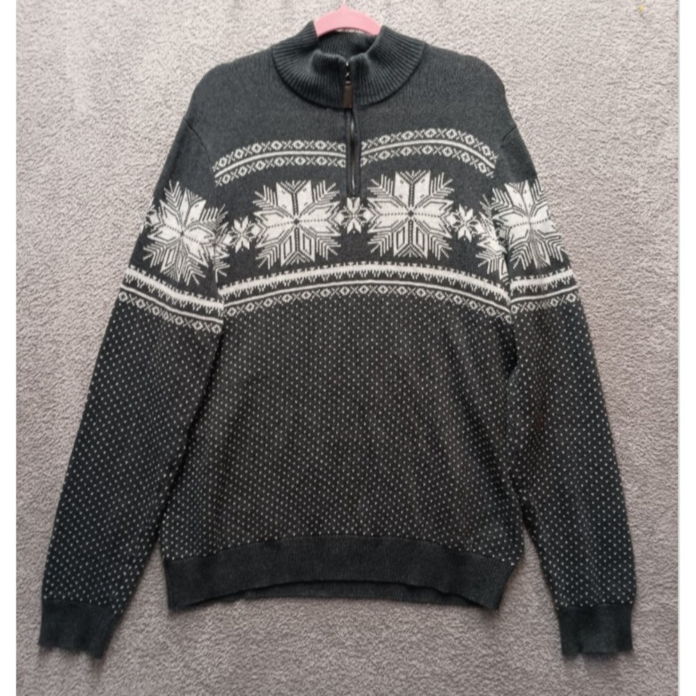 Aspen Men's L Gray 100% Cotton Nordic Half-Zip Sweater Snowflake Fair Isle Knit